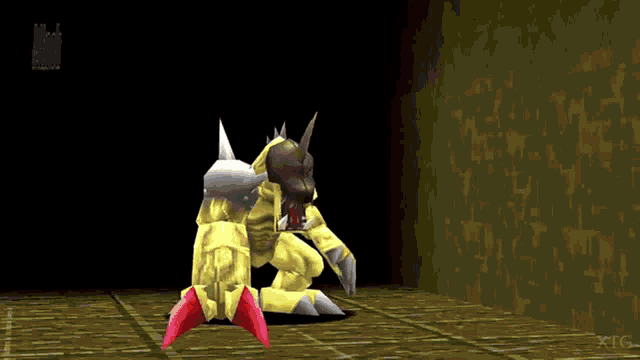 a yellow monster with red claws is standing in a dark room with the word attack above it .