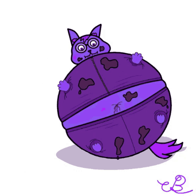 a cartoon drawing of a cat in a purple balloon