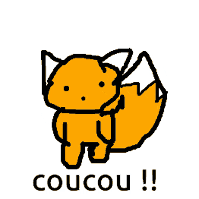 a drawing of an orange fox with the words coucou written below it