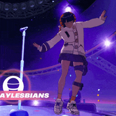 a cartoon of a girl standing in front of a microphone with aylesbians on the bottom