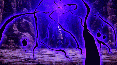 a person is standing in a dark cave with a purple light coming out of the ceiling .