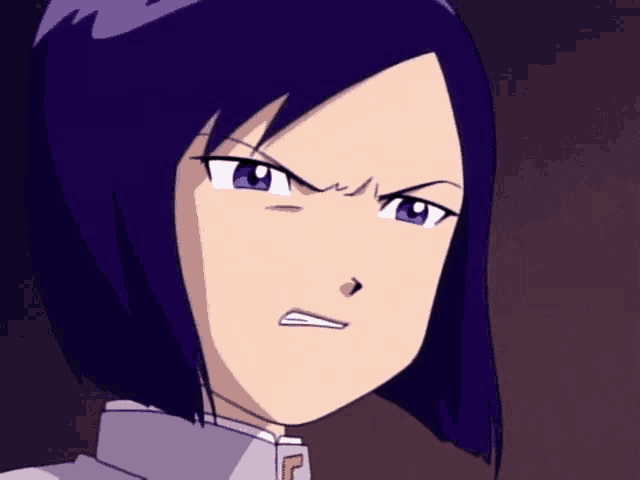 a close up of a cartoon character 's face with purple hair