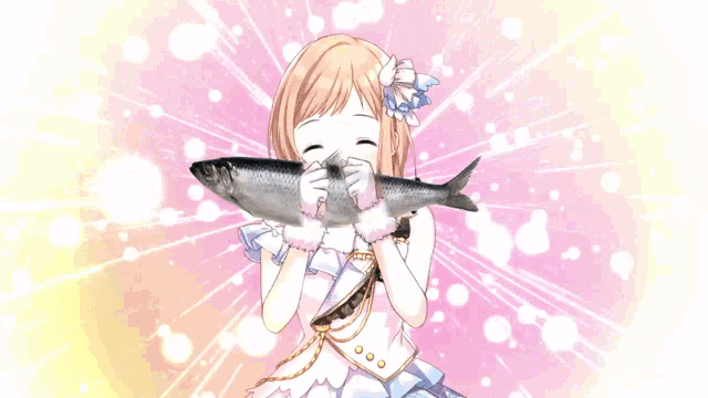 a girl in a white dress is holding a fish