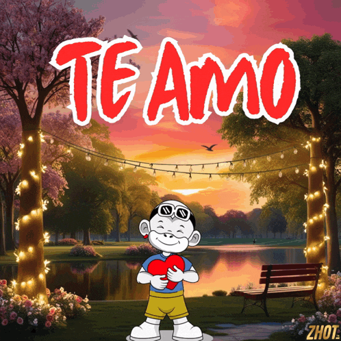 a cartoon of a boy holding a heart with the words te amo on the top