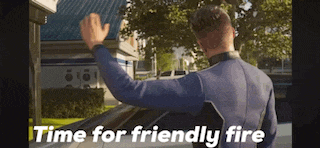 a man in a suit is waving at a building with the words time for friendly fire written below him