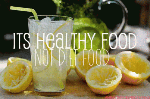 a glass of lemonade with the words " its healthy food not diet food " on the bottom