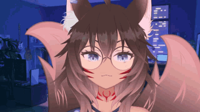 a close up of a anime character with glasses and a red circle around her neck