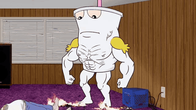 a cartoon of a cup with muscles standing next to a person