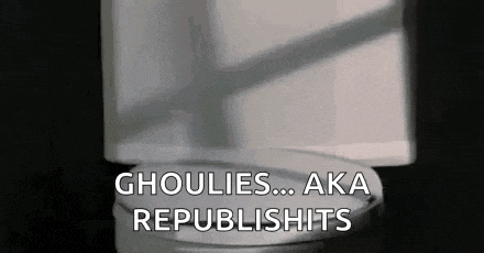 a toilet with the words `` ghoulies ... aka republishits '' written on it .