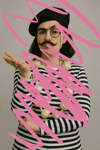 a man with a mustache and glasses is wearing a black beret
