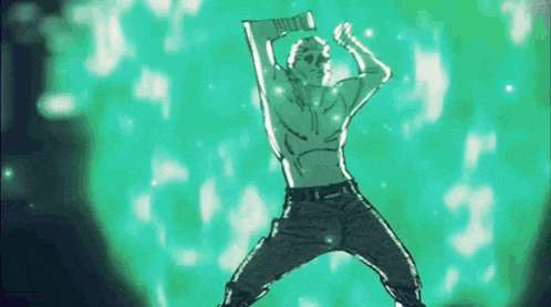 a drawing of a shirtless man dancing in front of a green background