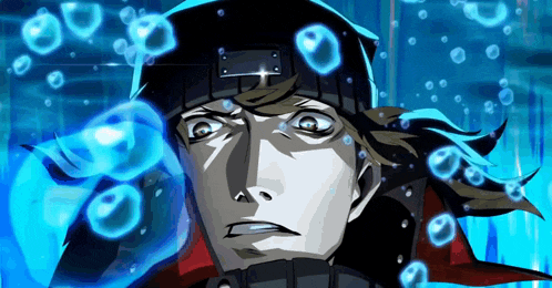 a man in a black hat is surrounded by blue water bubbles