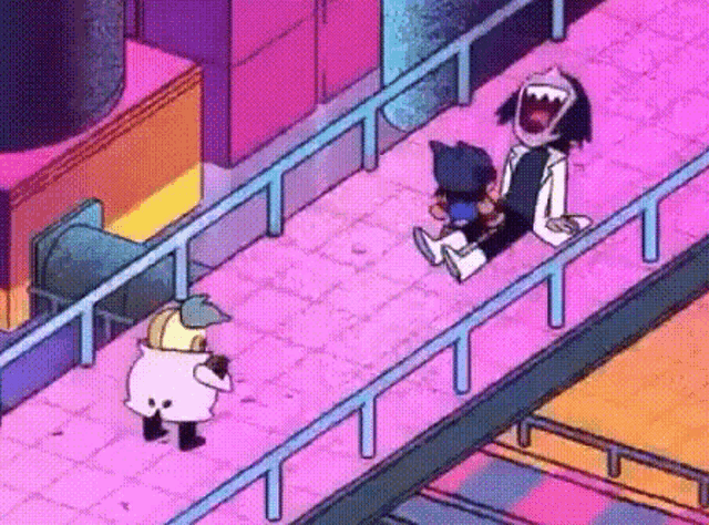 a cartoon character is sitting on a railing while another character stands next to him .