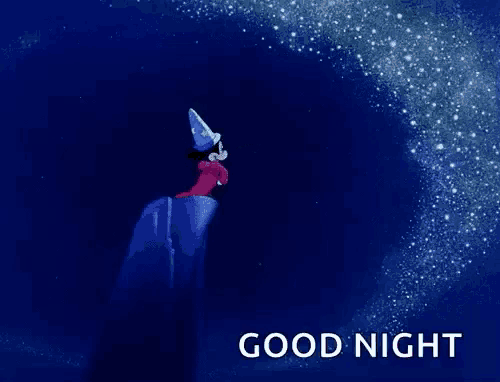 a cartoon of mickey mouse as a wizard with the words good night below him .