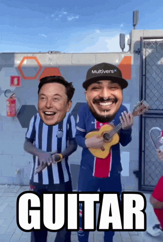 a man playing a guitar next to a man with a multivers hat