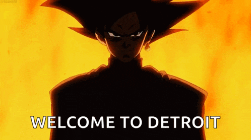 a cartoon character is standing in front of a fire and says welcome to detroit .