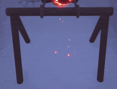 a stuffed animal is sitting on a swing with flames coming out of its face