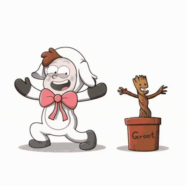a cartoon of a boy dressed as a sheep next to a potted plant with groot written on it
