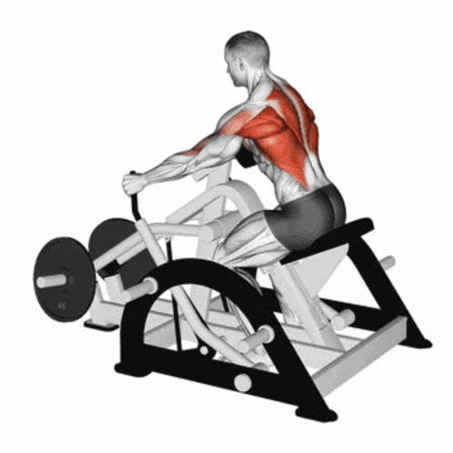 a man is sitting on a machine with a barbell