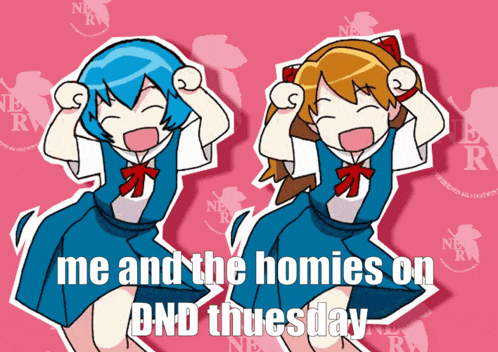 a cartoon of two girls dancing with the words me and the homies on dnd thursday