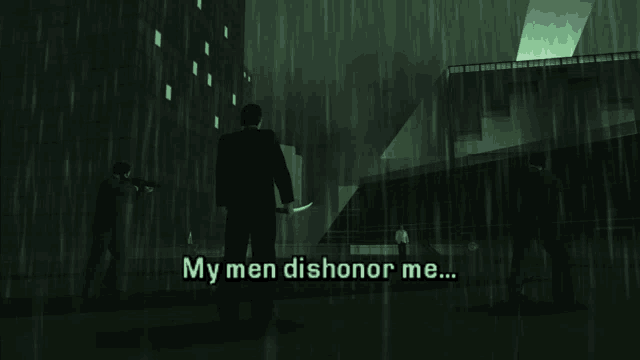 a video game screen shows a man holding a knife and says " my men dishonor me "