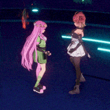 two anime girls dancing in a dark room