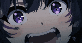 a close up of a girl with purple eyes