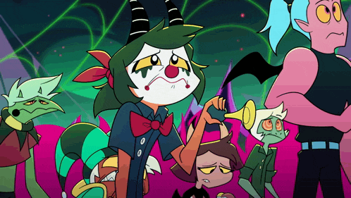 a group of cartoon characters including a clown and a demon