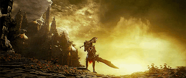 a knight with a large sword is standing in front of a castle