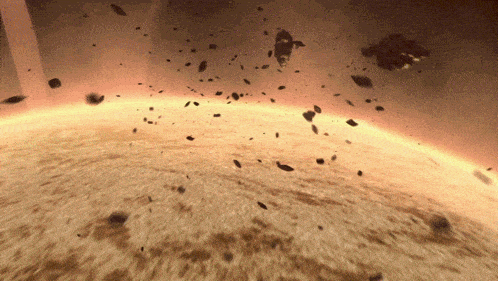 a painting of a planet with a lot of asteroids flying around it