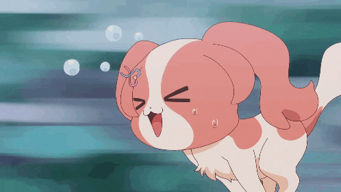a pink and white cartoon dog with bubbles around it