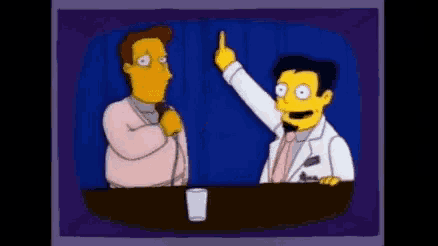 a cartoon of a man talking into a microphone and another man pointing