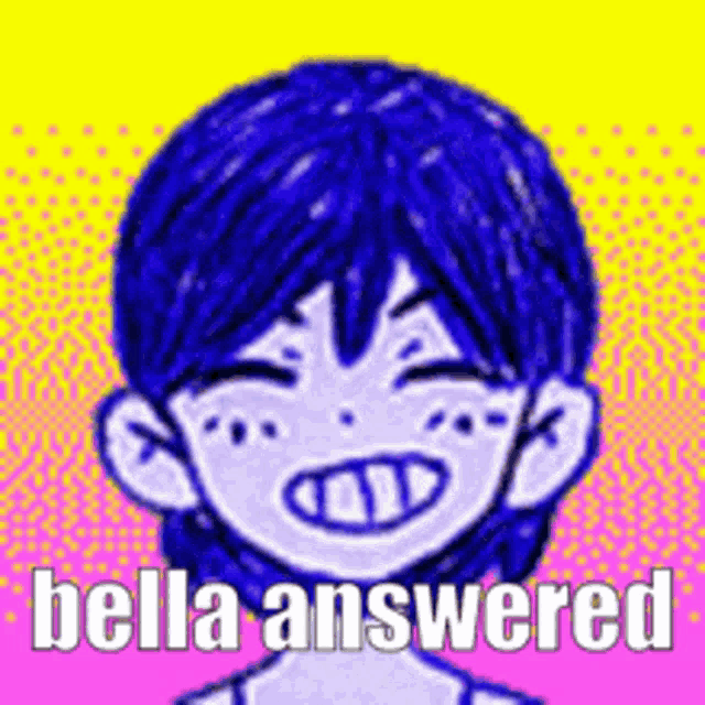a drawing of a boy with blue hair and the words `` bella answered '' written below it .
