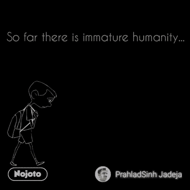 a black background with a cartoon of a boy with a backpack and a quote from prahlad sinh jadeja