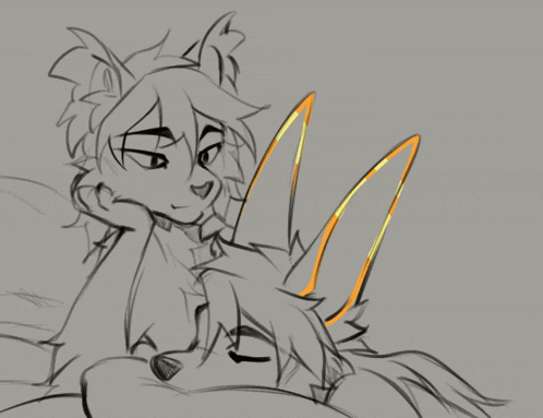 a black and white drawing of a furry animal with a yellow tail