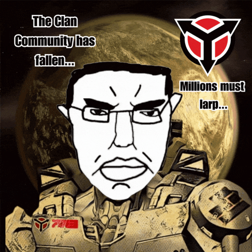 a cartoon of a man with the words " the clan community has fallen "