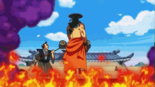 a man in a red robe is standing in front of a building on fire