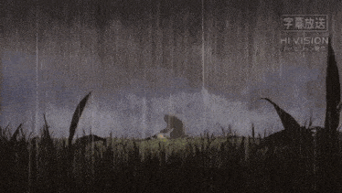 a silhouette of a man standing in a field in the rain .