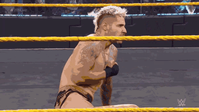 a man in a wrestling ring with # 205live on the bottom right