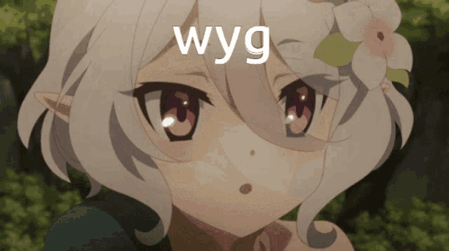 a girl with a flower in her hair has the word wyg above her head