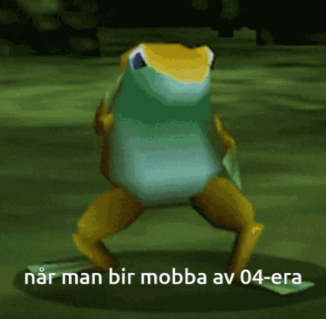 a green and yellow frog with the words " när man bir mobba av 04-era " written below it
