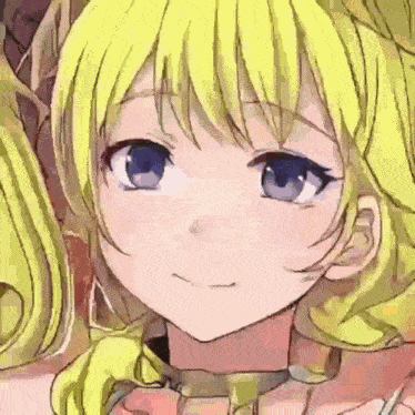 a close up of a girl 's face with yellow hair and blue eyes