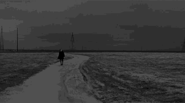 a black and white photo of a person walking down a path