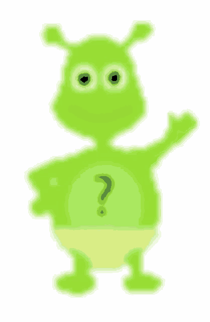 a green cartoon character with a question mark on his chest is waving .