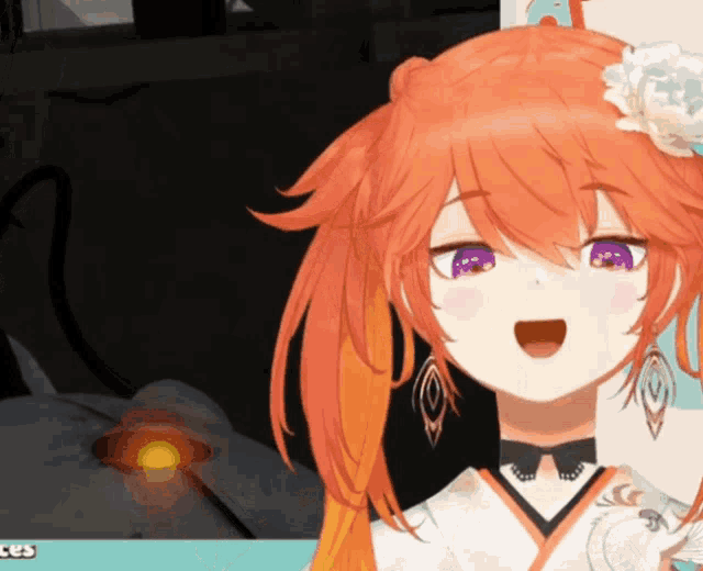 a girl with orange hair and purple eyes is wearing a choker necklace and earrings