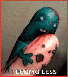 a person 's finger with a lizard on it and the words tecomo less below it