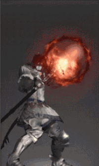 a statue of a knight with a sword and a red ball of fire