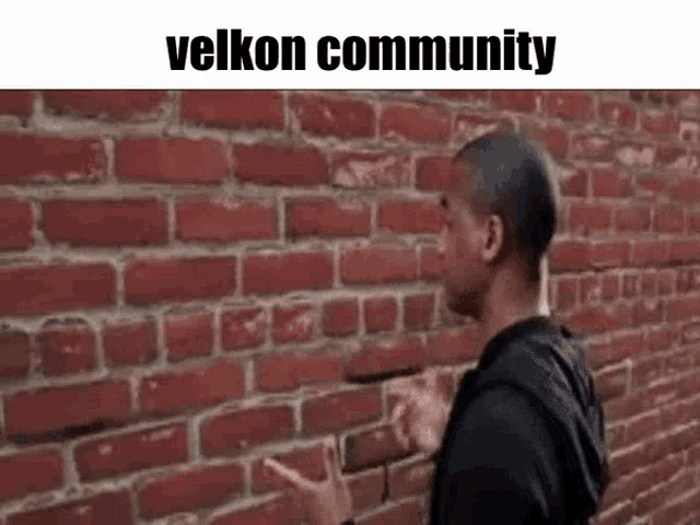 a man is pointing at a brick wall with the words velkon community written above him .