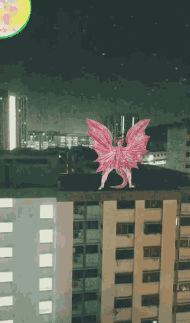 a pink dragon with wings is standing on top of a building