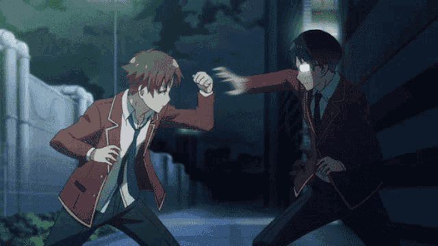 two anime characters are fighting each other and one has a glowing eye